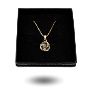 Collier bijou meteorite Aletai – pendentif rond doré à zircons tourbillons